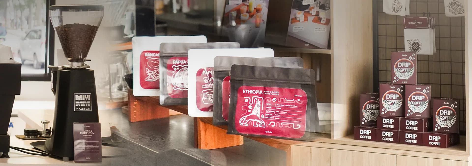 Tedja coffee beans and drip coffee on display